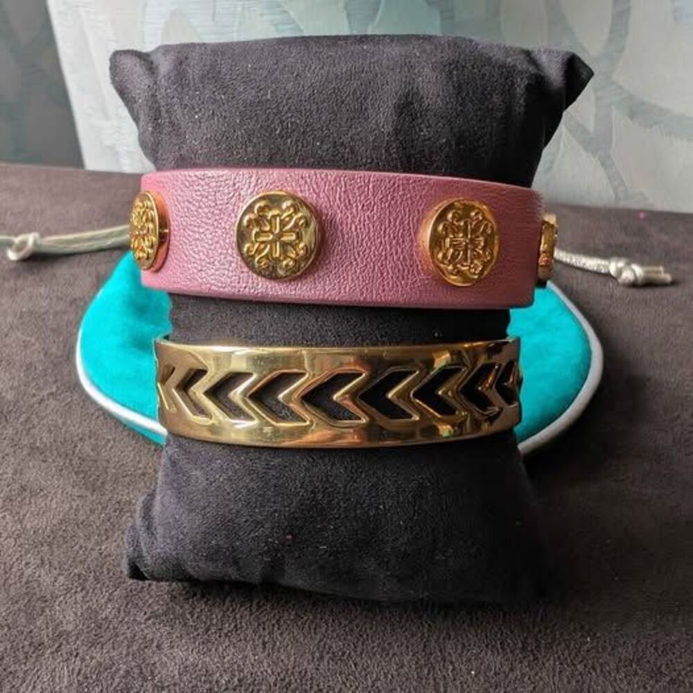 Rustic Cuff 2-Piece Set - Pink Leather & Gold Chevron Cutout Metal Cuff